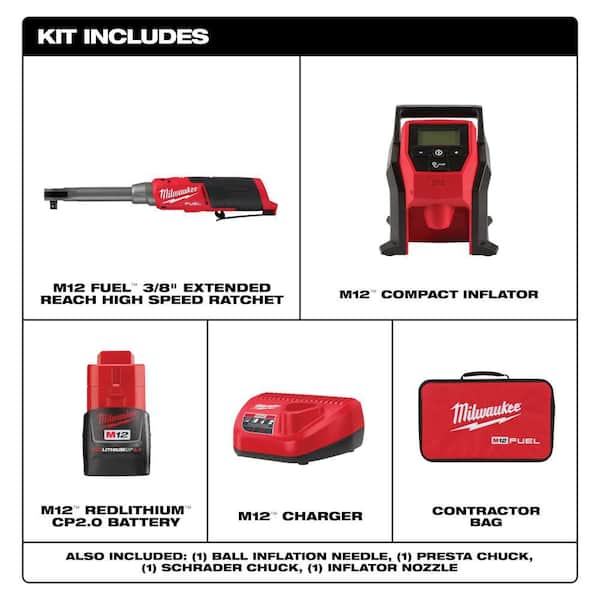 M12 FUEL 12V Lithium-Ion Brushless 3/8 in. Extended Reach High Speed Cordless Ratchet Kit & M12 Inflator