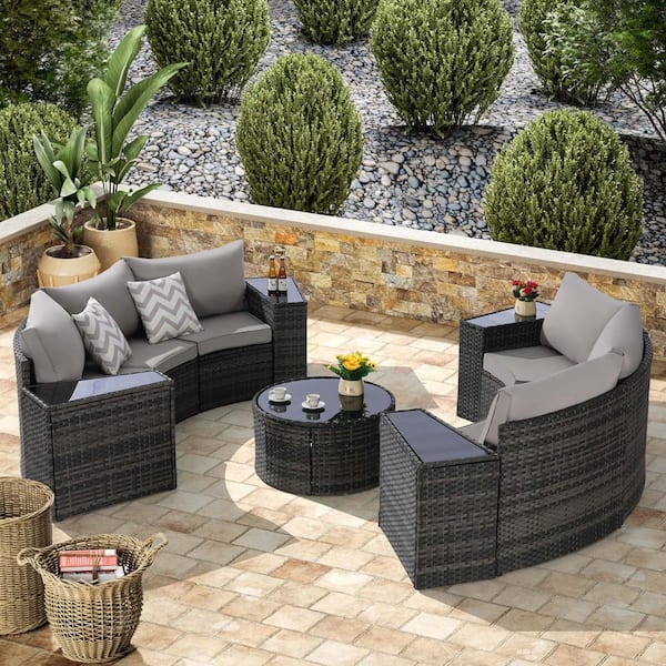 Tenleaf 11-Piece Wicker Patio Conversation Set with Light Gray Cushions, Tempered Glass Round Coffee Table