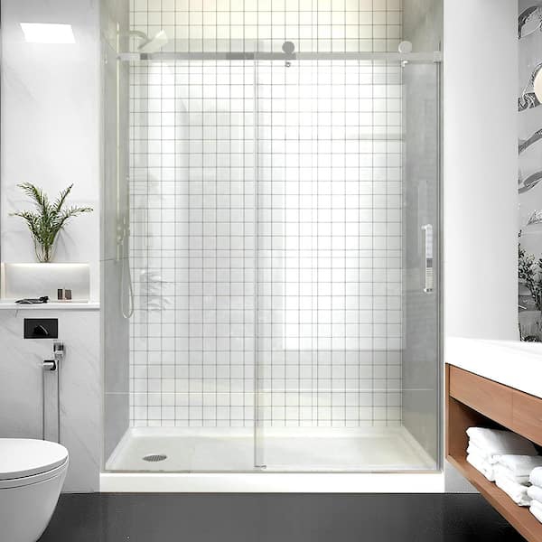 57-60 in. W x 75 in. H Single Sliding Frameless Shower Door Brushed Nickel Finish 5/16" Clear Glass with Handle
