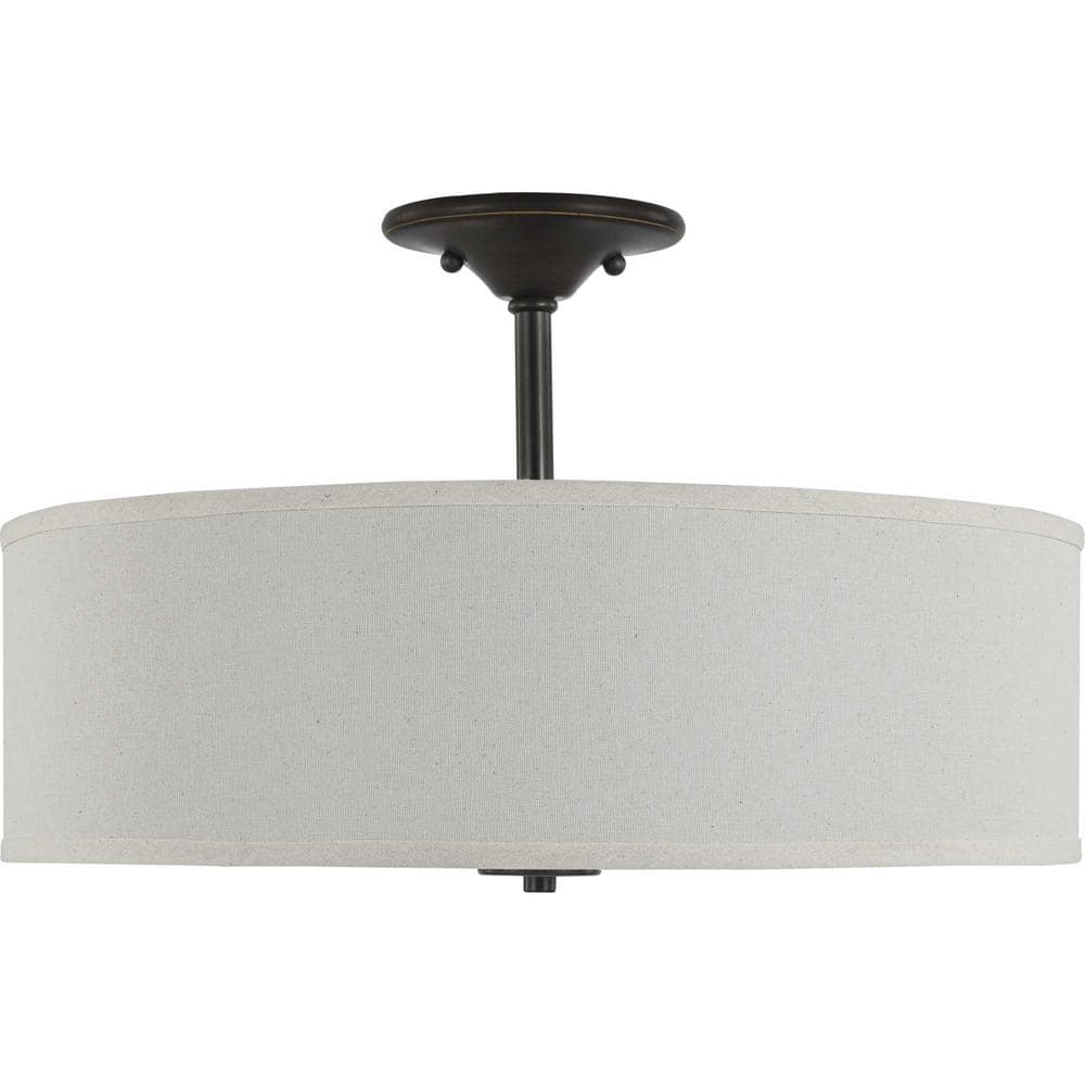 Antique Bronze Off-White Linen Shade 20" Drum Semi-Flush Mount