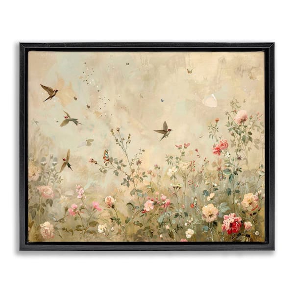 Swallows in Flower Meadow by Arlington Prints Black Floater Frame Nature Graphic Art Print 25 in. x 31 in.