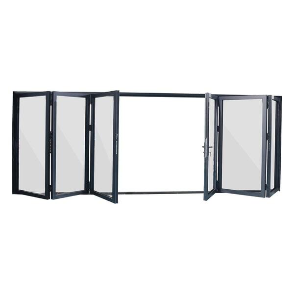 ERIS 216 in. x 96 in. Center Opening/Outswing Double Tempered Glass Black Aluminum Folding Patio
