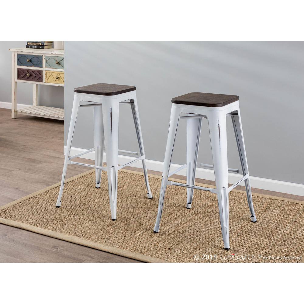 Vintage White & Espresso Industrial 30" Backless Stool with Footrest