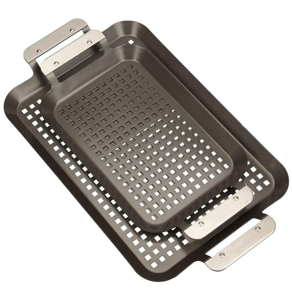 10 in Non-Stick Grilling Pans Barbecue Trays with Stainless Steel Handles for Meat, Vegetables, Seafood, Silver (2-Pack)