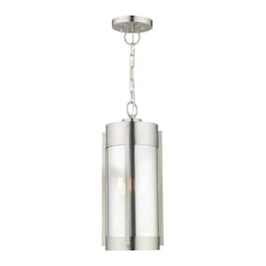 Rockridge 18 in. 2-Light Brushed Nickel Dimmable Outdoor Pendant Light with Electrical Plated Smoke Glass