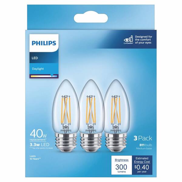 Philips 40-Watt Equivalent Clear Glass Non-Dimmable E26 Light Bulb Daylight 5000K (3-Pack) 567404 - The Home Depot