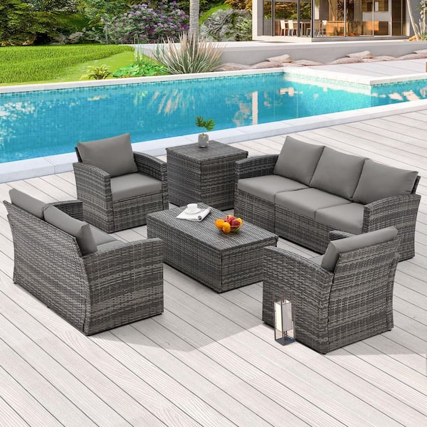 Zeus & Ruta 7-Piece Gray Wicker Patio Conversation Set with Gray Cushions Coffee Table and Storage Box