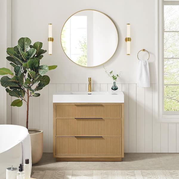 ROSWELL Hohhot 35.8 in. W x 19.7 in. D x 33.8 in. H Single Bath Vanity in Washed Ash Grey with White Engineered Stone Top