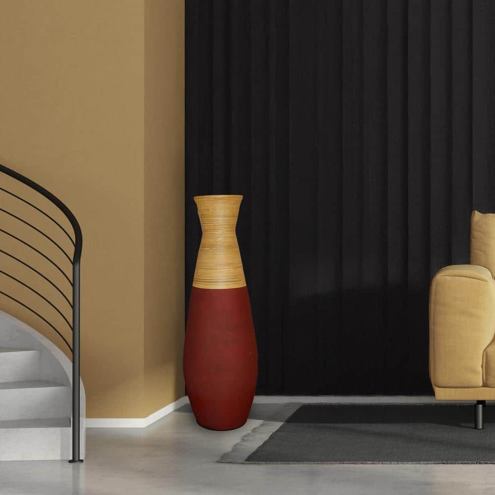 31.5" Burgundy and Natural Polished Bamboo Floor Vase
