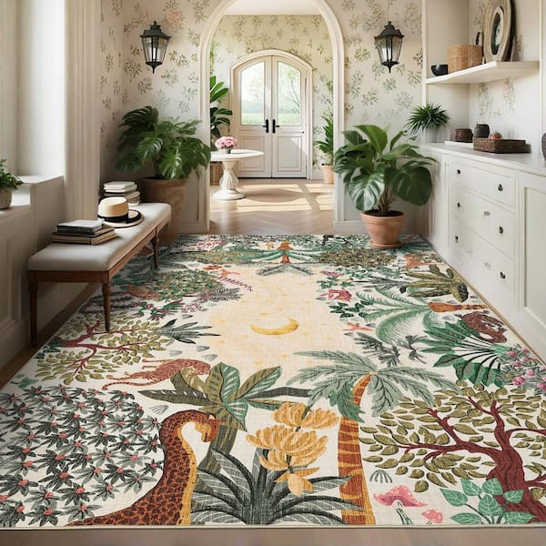 Camel 9 ft. x 12 ft. Jungle Plant Print Rug Machine Washable Ultra-Thin Soft for Bedroom Dining Room Office