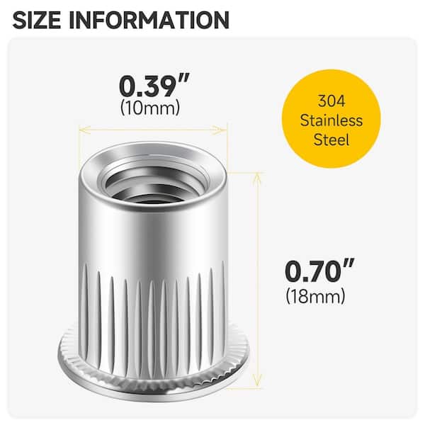 100-Piece 5/16''-18 Rivet Nuts, 304 Stainless Steel Flat Head Rivnut Threaded Insert Nut Knurled Body