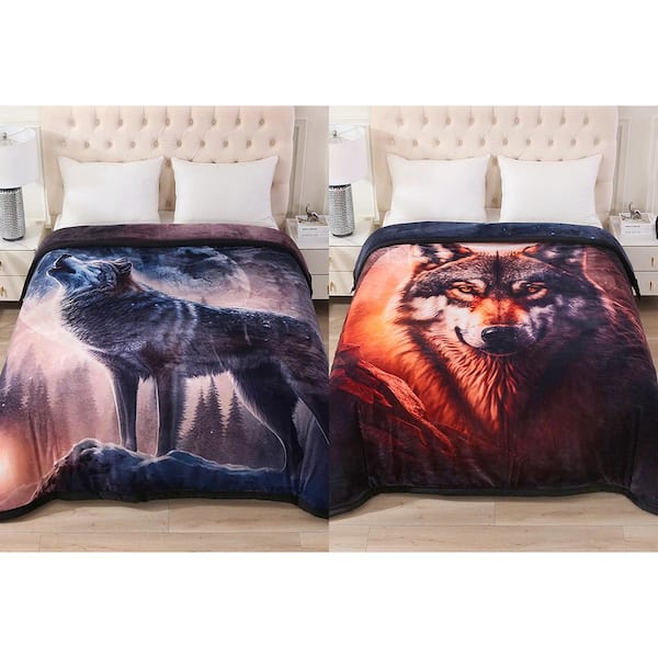 Wolf 3-Ply Reversible Polyester Fleece Blanket for Winter 85 in. x 93 in. 8 lbs.