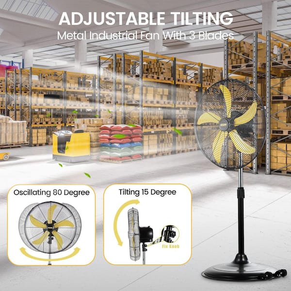 20 in. High Velocity 3-speed Industrial Pedestal Fan in Yellow, 80° Oscillating, Powerful Motor, 5000 CFM, UL Certified