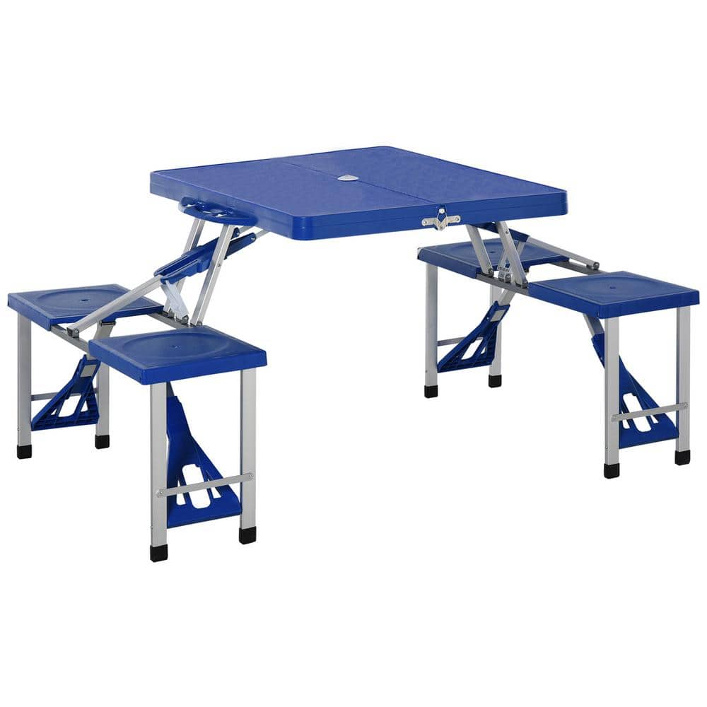 33.25 in. Blue Rectangle Folding Picnic Table with Seats, Umbrella Hole, 4-