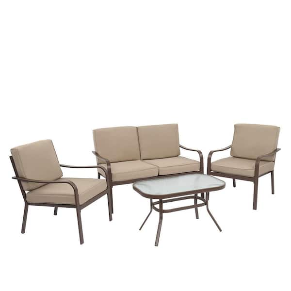 Karl home 4-Piece Metal Patio Conversation Seating Set with Khaki Cushions