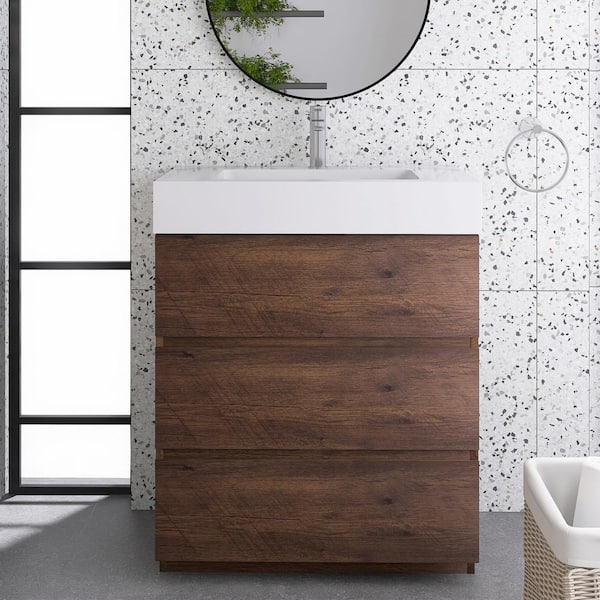 Staykiwi 29.9 in. W x 18.1 in. D x 37 in. H Single Sink Freestanding Bath Vanity in Walnut with White Solid Surface Top