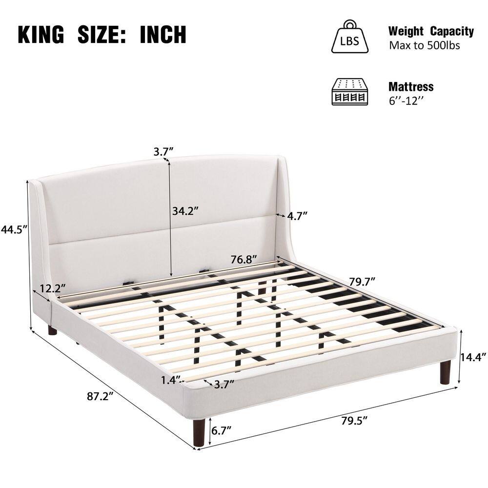 Beige Wood Frame King Size Upholstered Platform Bed with Wingback Headboard - thumbnail 7