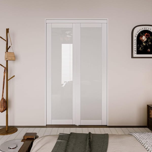 48 in. x 80 in. 1-Lite White Tempered Frosted Glass Finished Interior Closet Sliding Door with Hardware