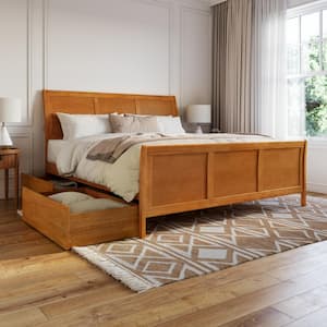 Portland Light Toffee Natural Bronze Solid Wood Frame King Platform Bed with Matching Footboard and Storage Drawers