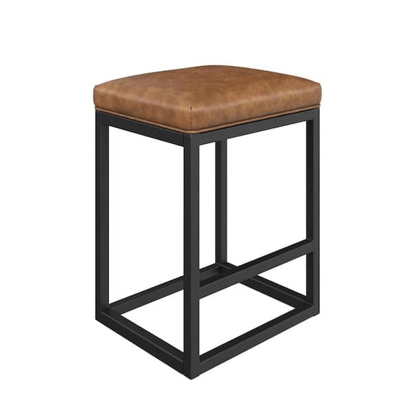 Nathan James Nelson 24 in. Warm Brown Leather Cushion and Black Stainless Steel Frame Metal Counter Height Bar Stool, Set of 4