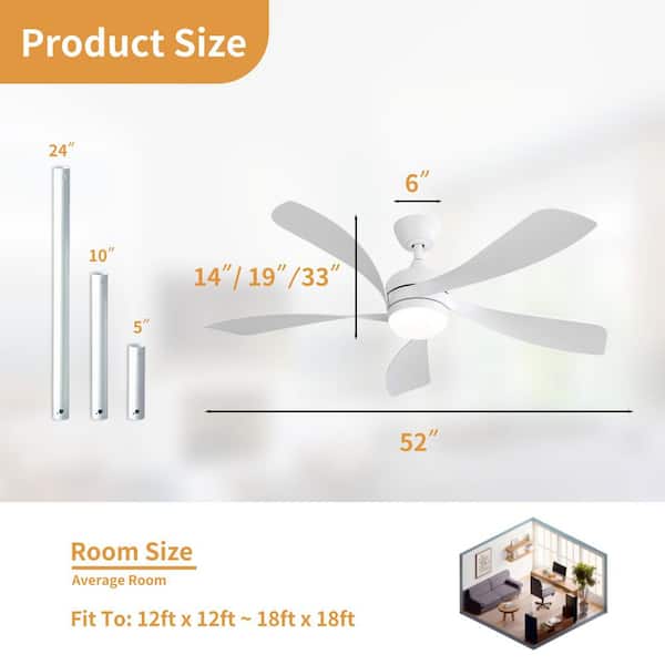52 in. Integrated LED Indoor Downrod Mount White Standard Ceiling Fan with Dimmable Light and Remote DC Motor