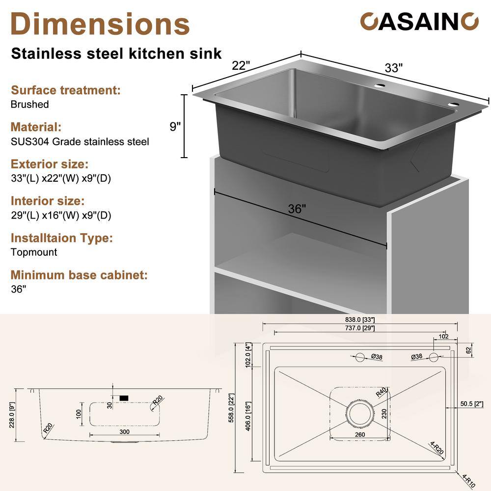33'' Stainless Steel Drop-In Single Bowl Kitchen Sink