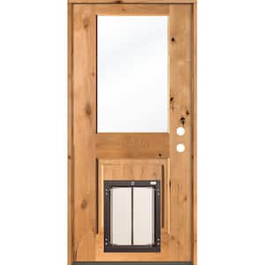 32 in. x 80 in. Knotty Alder Left-Hand/Inswing Clear Glass Clear Stain Wood Prehung Front Door with Large Dog Door