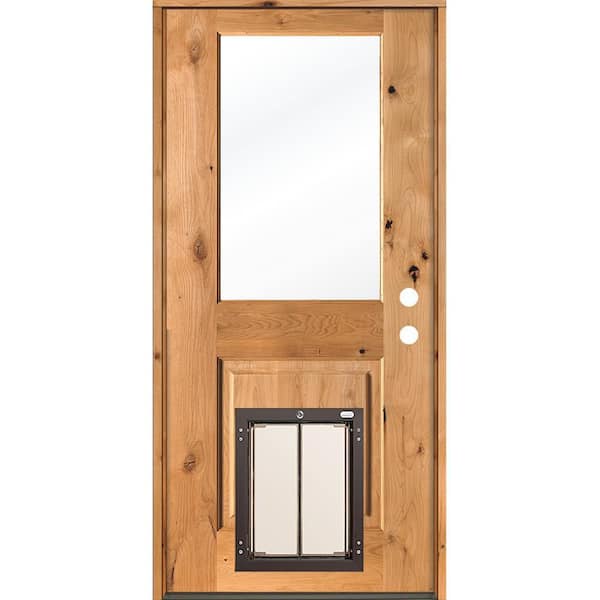 Krosswood Doors 36 in. x 80 in. Left-Hand 1/2 Lite Clear Glass Stained Wood Prehung Door with Large Dog Door