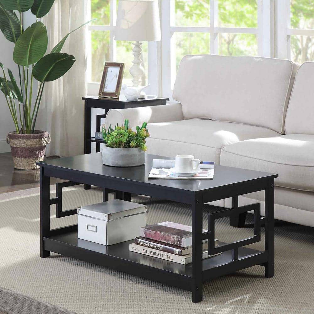 Symmetrical Asian-Inspired Black Wood Square Coffee Table