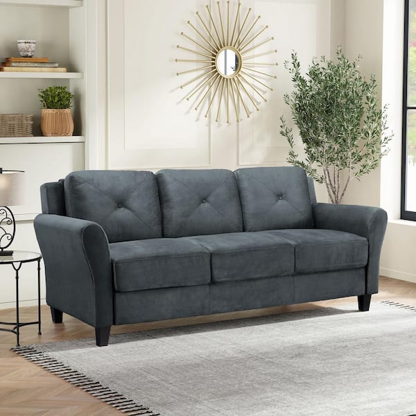 Lifestyle Solutions Harvard 78.7 in. Round Arm Polyester Rectangle 3-Seater Sofa in Dark Grey