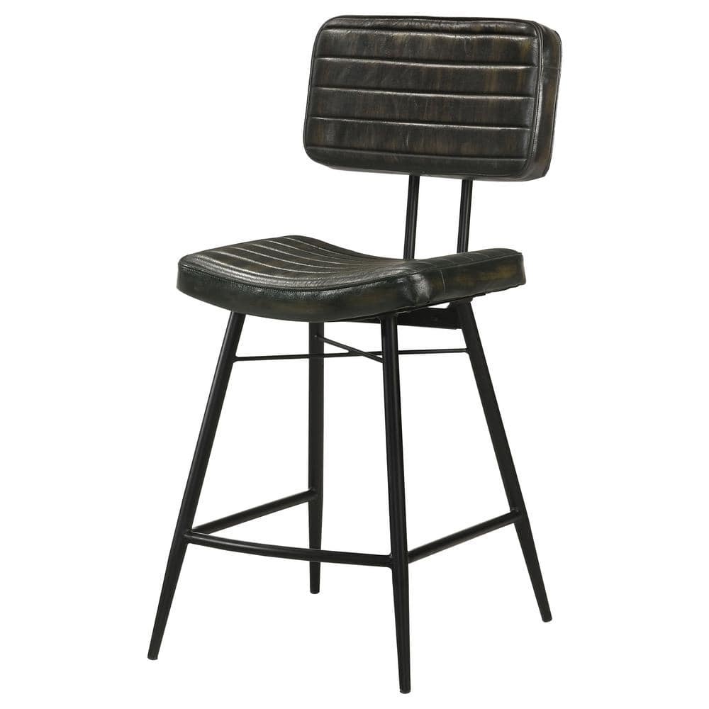 Dark Brown Leather and Wood Saddle Counter Stools, Set of 2