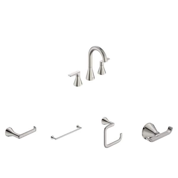 Aspirations Brushed Nickel 5-Piece Bath Set: 24 in. Towel Bar, Toilet Paper Holder, 8 in. Faucet, Towel Ring, Robe Hook American Standard