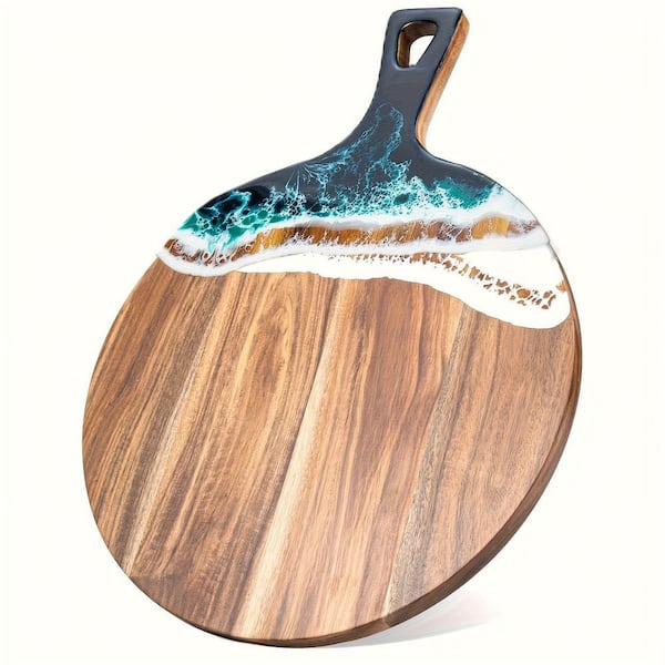 Round Acacia Wood and Resin Charcuterie Board with Handle