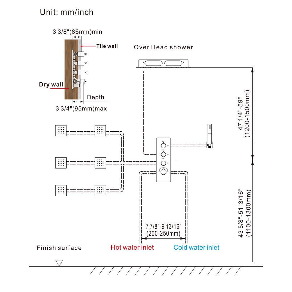 Brushed Nickel LED Rain Shower System with Handheld Spray and Massage Jets