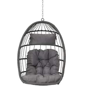 1-Person Gray Frame Wicker Porch Swing Egg Chair Hanging Chair with Light Gray Cushions