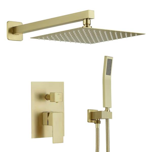 PERLIRIA INC Wall Mount Single Handle Rainfall 2-Spray Tub and Shower Faucet Set 2.5GPM with Drip Free and HandShower in Brushed Gold