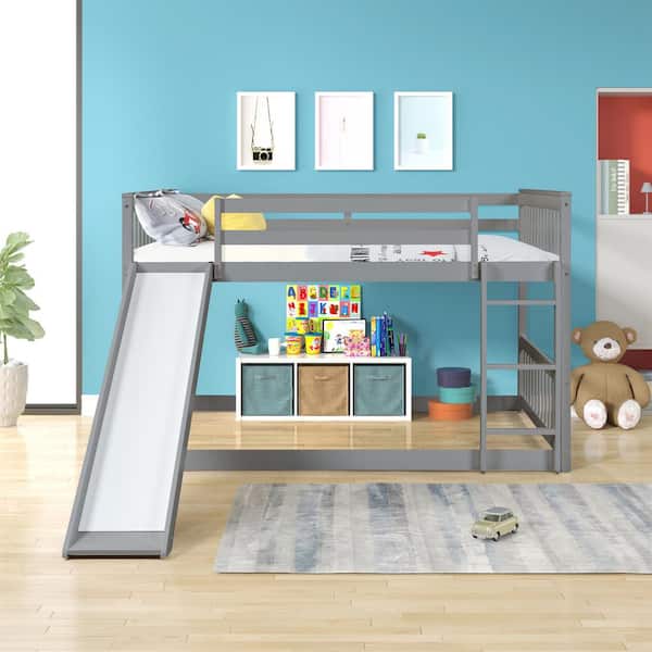 Seafuloy 79.7 in. L x 57.2 in. W Gray Pine Full Size Bunkbed with Slide
