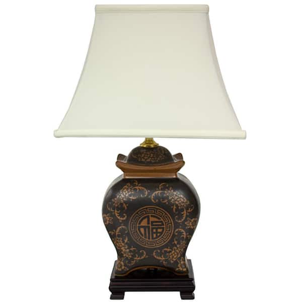 19 in. x 12 in. Black and Brown Medallions Porcelain Lamp