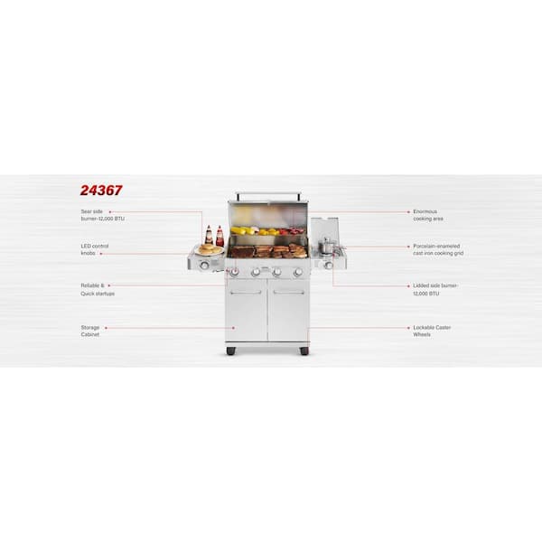 4-Burner Propane Gas Grill in Stainless with LED Controls, Side and Side Sear Burners