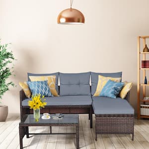 Patio Corner Sofa Set 3-Piece Wicker Outdoor Sectional Set Rattan Sofa Set in Gray