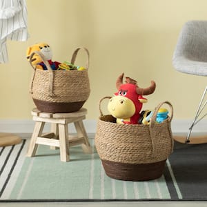 Straw Decorative Round Brown Storage Basket Set of 2 with Woven Handles for the Playroom, Bedroom, and Living Room