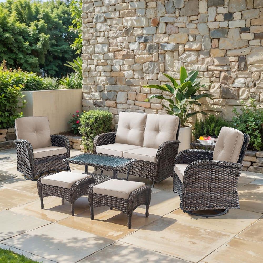SleekArm 7-Piece Brown Wicker Patio Conversation Set with Olefin Beige Cushion/Glider Loveseat with Patio Swivel Chairs price history on PriceWatchPro