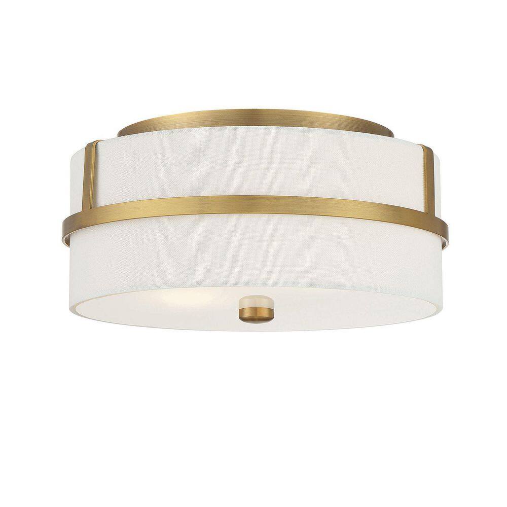 Natural Brass and White Fabric Drum 2-Light Ceiling Flush Mount