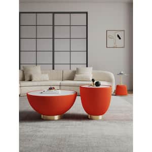 Anderson 28.15 in. Orange Round Leatherette Upholstered Faux Marble Coffee Table with 2-End Tables