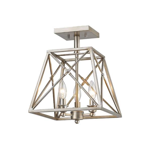 Unbranded Trestle 11 in. 3-Light Antique Silver Semi-Flush Mount Light with No Bulbs Included