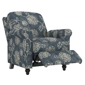 Woven Caribbean Blue and Creamy White Floral Fabric Push Back Recliner Chair