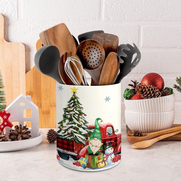 6.3 in. Ceramic Cute Christmas Gnome Truck Utensils Holder Xmas Ceramic Utensils Crock for Indoor Kitchen Decorations