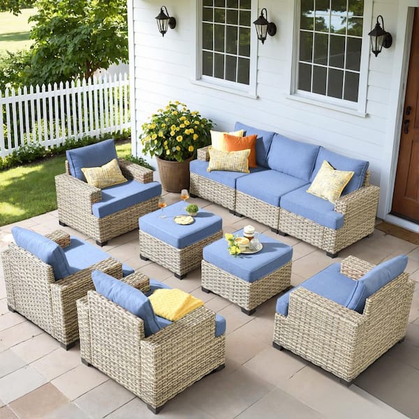 OVIOS Tiberte Gray 9-Piece Wicker Patio Conversation Seating Set with Diamond Blue Cushions