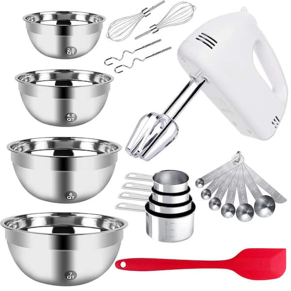 5-Speed Electric Hand Mixer with Nesting Stainless Steel Mixing Bowls Set, Measuring Cups & Spoons Kitchen Baking Combo