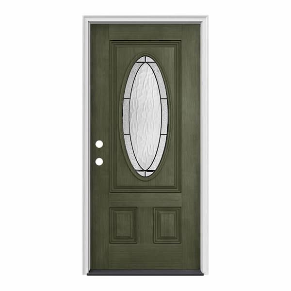 JELD-WEN 32 in. x 80 in. 3/4 Oval Lite Wendover Juniper Stained Fiberglass Prehung Right-Hand Inswing Front Door